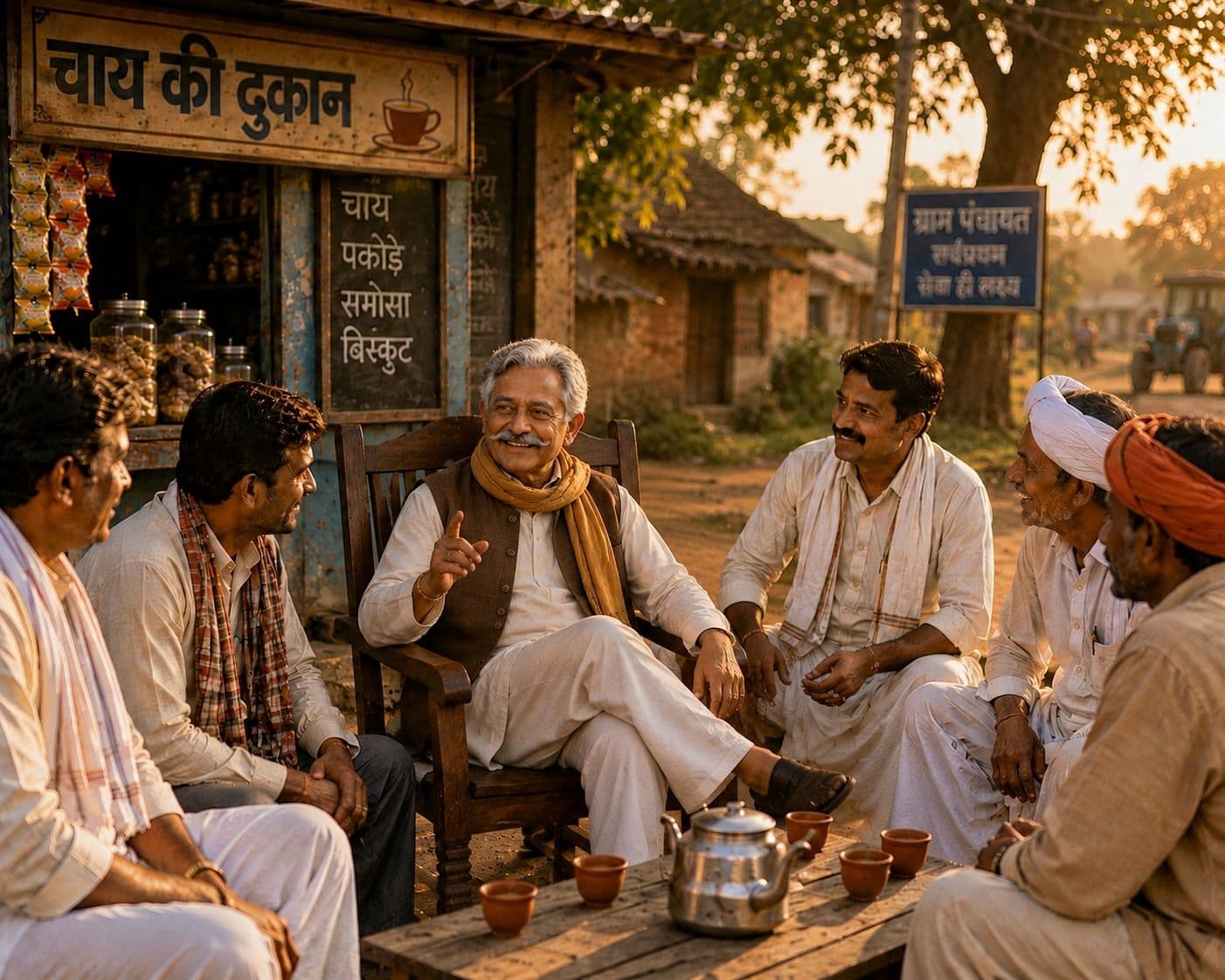 शाम को चाय की दुकान के बाहर बैठे किसान बातचीत करते हुए | Ontra Labs