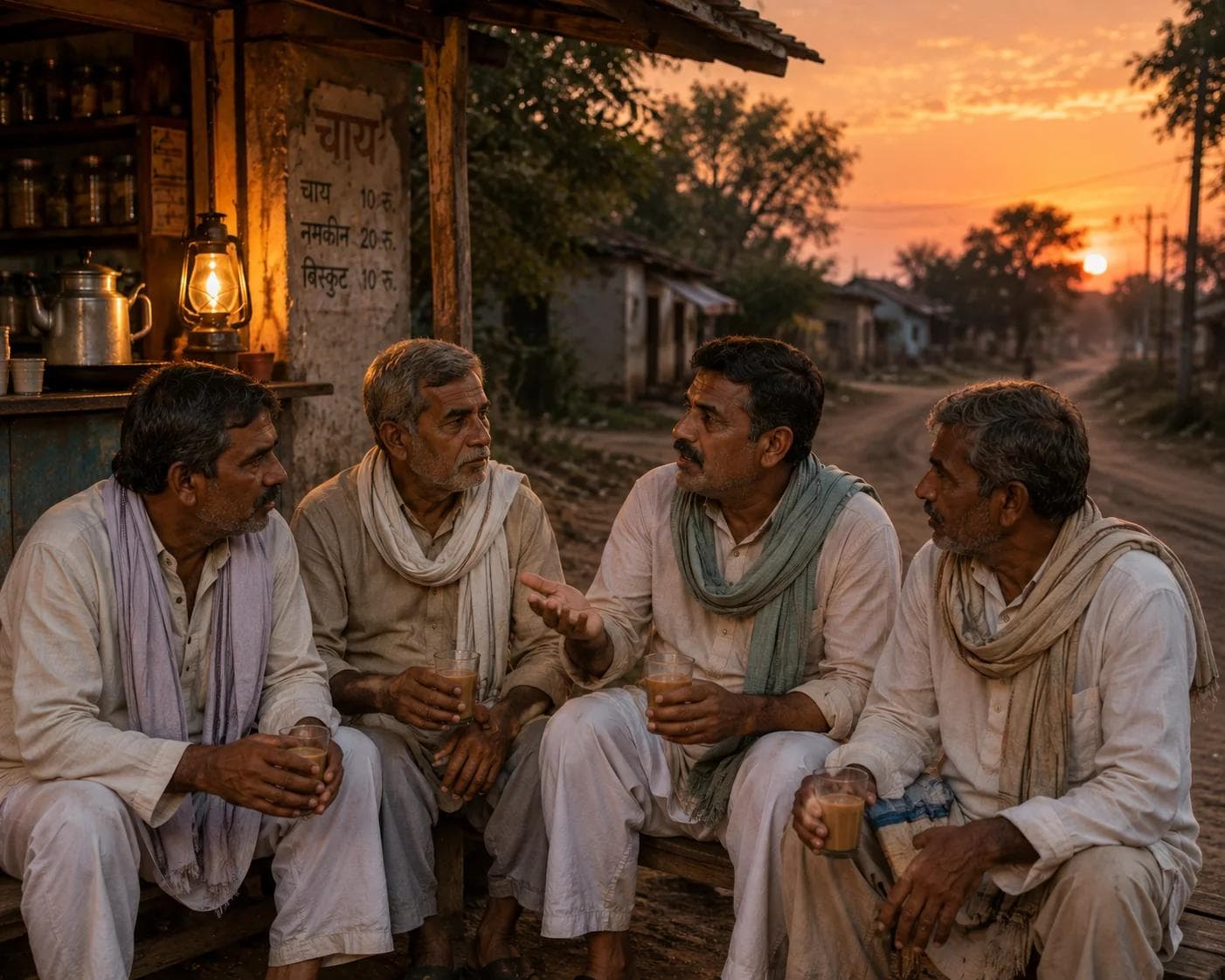 शाम को चाय की दुकान के बाहर बैठे किसान बातचीत करते हुए